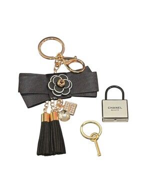 Camellia Flower On Black Bow Padlock Bag Charm Key Chain